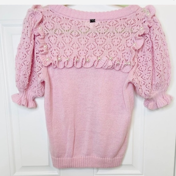 FOR LOVE & LEMONS π Pink Puff Sleeve Pearl Button-Up Cardigan Sweater Top - Picture 6 of 6